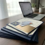 Stapel IT-certificeringsboekjes en legitimatiekaarten op modern bureau met laptop op de achtergrond, professionele werkruimte.
