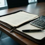 Opengeslagen leren portfolio op vergadertafel met IT-contractdocumenten, rekenmachine en vulpen in zacht natuurlijk licht.