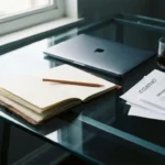Scherp potlood op open leren notitieboek naast laptop en IT-contractdocumenten op glazen bureau, zacht natuurlijk licht.