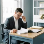 Professional in pak bestudeert aandachtig een IT-contract aan een modern bureau met laptop en geordende mappen.