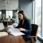 IT-contractmanager bestudeert stapel leverancierscontracten aan modern bureau met laptop, ordners en koffie in zakelijk kantoor.