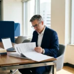 Professional in pak bestudeert IT-dienstencontract aan modern bureau met laptop en inkoopmap, daglicht door grote ramen.