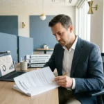 IT-inkoopprofessional ondertekent leverancierscontract aan modern bureau met softwaremappen en kostendashboard op laptop.