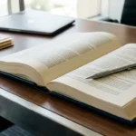 Opengeslagen IT-leverancierscontract op modern bureau met mechanisch potlood, laptop en procurement-mappen op de achtergrond.