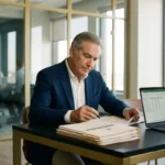 Professional in blazer reviewing IT-leverancierscontracten aan modern bureau met laptop en georganiseerde inkoopmap­pen.