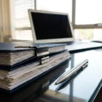 Stapel enterprise IT-leverancierscontracten met stalen bindclip op donker glazen bureau, pen ernaast, laptop op achtergrond.