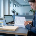 Professional die een IT-leverancierscontract bestudeert aan modern bureau met laptop, procurement-mappen en glas water in kantooromgeving.