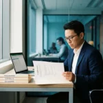 Professional die een IT-leverancierscontract bestudeert aan een modern bureau met laptop en geordende inkoopmap­pen.