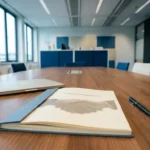 IT-servicecontract opengeslagen op vergadertafel met laptop en pen, schaduw van handdruk over pagina's, zakelijke kantooromgeving.