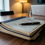 Stapel IT-servicecontracten en softwarelicentieovereenkomsten op donker vergadertafel met vulpen.