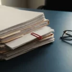 Stapel IT-servicecontracten met rode paperclip op donker bureau naast leesbril, zachte zijdelingse belichting.