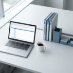 Moderne kantoorwerkplek met laptop, spreadsheet, koffiekop en georganiseerde contractmappen in minimalistische stijl