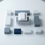Architectonisch schaalmodel van modern kantoorgebouw op wit oppervlak, omgeven door geometrische blokken in leisteen, wit en marineblauw.