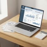 Laptop toont cloudkosten analytics op houten bureau met software licenties en calculator in natuurlijk licht