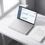 Moderne laptop met kostenreductie dashboard op wit bureau naast softwarelicentie documenten, bovenaanzicht werkplek