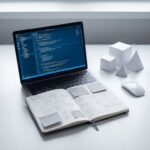 Laptop met code op scherm naast open notitieboek met agile diagrammen en plaknotities op minimalistische werkplek