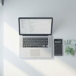 Laptop met code op scherm naast rekenmachine en eurobankbiljetten op wit bureau, bovenaanzicht