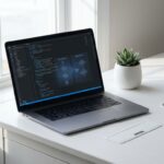 Laptop met DevOps code-interfaces op minimalistische witte bureau met vetplant, zachte natuurlijke verlichting