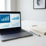 Laptop met financiële grafieken op scherm naast documenten en pen op witte bureau in modern kantoor