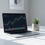 Moderne laptop met financiële grafieken op wit bureau naast vetplant in minimalistische kantooromgeving