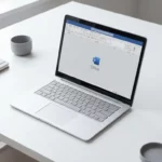 Laptop op witte bureau toont Microsoft Office interface in minimalistische kantooromgeving met natuurlijk licht