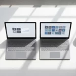 Twee moderne laptops op wit bureau tonen verschillende dashboard-interfaces, bovenaanzicht met zachte schaduwen