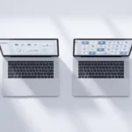 Twee moderne laptops op wit bureau tonen verschillende dashboardinterfaces met geometrische schaduwen en natuurlijke verlichting