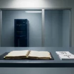 Opengeslagen leren contractmap op minimalistisch bureau met IBM-serverrack zichtbaar door glazen wand, kalender suggereert jaarwisseling.