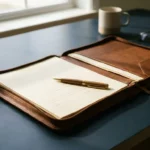 Open leren portfolio met contractdocumenten en een pen op modern bureau, zacht ochtendlicht met leisteen- en ivoortinten.