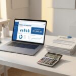 Moderne laptop toont digitaal vendordashboard op opgeruimde werkplek met softwarelicentiedocumenten en calculator