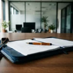 Leren contractmap en vendor badge lanyard op donker eiken bureau met vulpen op openliggende documenten, IT-kantooromgeving.