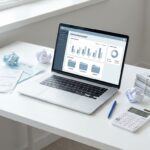 Laptop met software dashboard voor vendormanagement op wit bureau met facturen, contracten en calculator