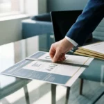 Consultant legt liniaal over gedetailleerde vendor scorecard op glazen bureau, met laptop en contracten op de achtergrond.