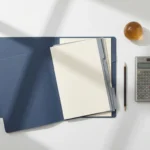 Open contractmap op wit bureau met financiële rekenmachine en potlood, strak minimalistisch bovenaanzicht in marineblauw en grijs.