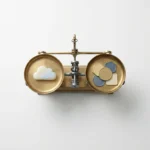 Messing balansweegschaal op wit bureau met wolkvormige steen tegenover gestapelde geometrische munten, bovenaanzicht.