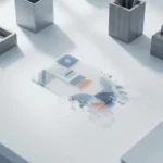 Microsoft 365 abonnementskaart die langzaam transparant wordt op wit bureau met geometrische schaduwen en minimalistische kantooromgeving