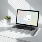 Laptop toont Microsoft 365 inlogscherm op minimalistische witte bureau met vetplant en geometrische schaduwen