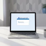 Laptop toont Microsoft 365 installatiescherm op wit bureau met koffiekop, natuurlijk licht en minimalistische kantooromgeving