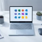 Moderne laptop toont Microsoft 365 applicatie-iconen in kleurrijk raster op wit bureau met minimale kantooraccessoires
