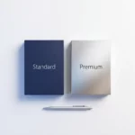 Twee Microsoft 365 licentieboxen op wit bureau, donkerblauwe Standard en zilveren Premium versie met pen