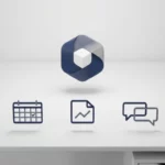 Microsoft 365 logo kubus zwevend boven wit bureau met minimalistische zakelijke pictogrammen in symmetrische opstelling
