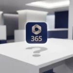 Microsoft 365 applicatie-icoon zweeft boven wit bureau met vraagteken schaduw, minimalistische kantooromgeving
