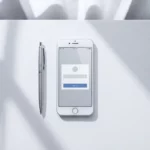Smartphone met Microsoft inlogscherm op witte bureau met zilveren pen, bovenaanzicht met zachte schaduwen