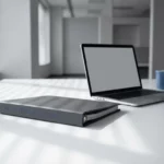 Microsoft Enterprise Agreement contractmap op wit bureau naast laptop in minimalistisch kantoor met natuurlijk licht