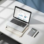 Laptop met Microsoft licentiedashboard op stapel papieren contracten met rekenmachine en pen op wit bureau