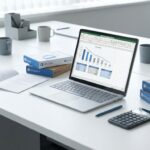 Laptop toont spreadsheet met dalende kosten naast Microsoft licentieboxen en calculator op wit bureau