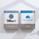 Twee Microsoft softwareboxen op wit bureau, één met vintage Office branding en één met moderne Microsoft 365 styling