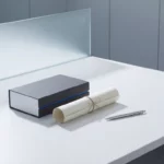 Microsoft Office-doos naast opgerolde abonnementsovereenkomst op witte bureauopmaak met pen