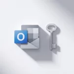 Microsoft Office applicatie-icoon en zilveren sleutel op wit bureau met geometrische schaduwen in minimalistisch ontwerp