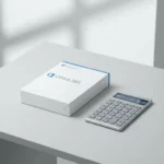Microsoft Office softwarebox op wit bureau naast calculator met maandelijkse kosten, minimalistische kantooromgeving